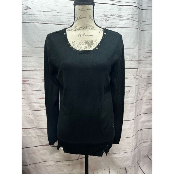 Spanner Black Long Sleeve Top Studded Scoop Neck Casual Layering Blouse Medium - Picture 1 of 4